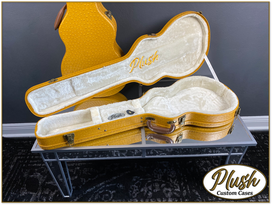 Plush-Paul LP Custom Guitar Case Brown Mustard Ostrich with Cream Fur