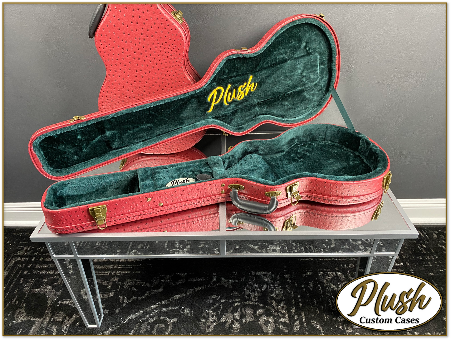 Plush-Paul LP Custom Guitar Case Burgundy Red Ostrich with Green Fur