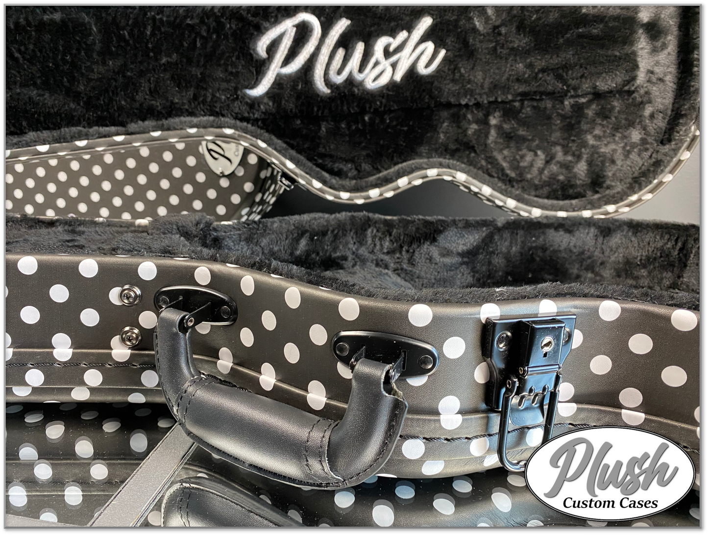 Plush-Paul LP Custom Guitar Case Black & White Polka Dots with Black Fur