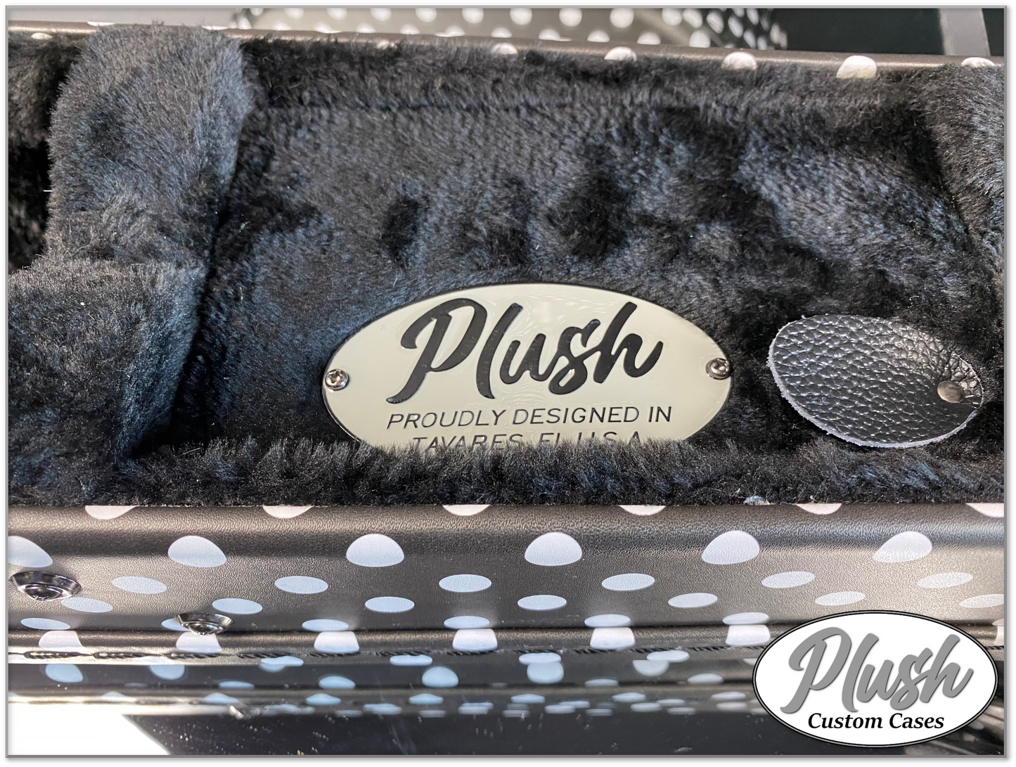 Plush-Paul LP Custom Guitar Case Black & White Polka Dots with Black Fur