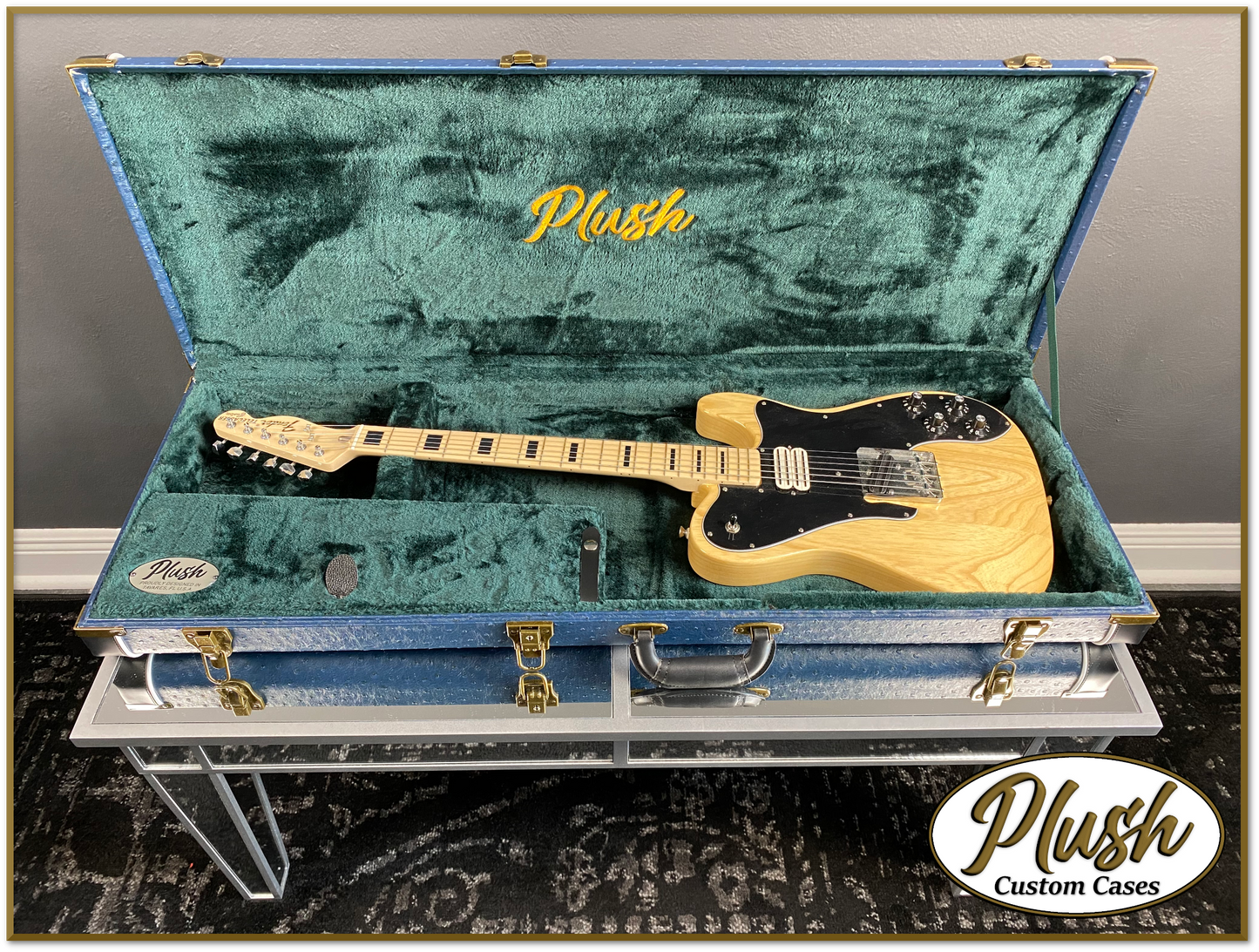 PlushCaster Tele®/Strat® Custom Guitar Case Dark Blue Ostrich with Green Fur