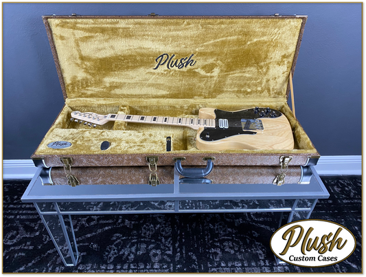 PlushCaster Tele®/Strat® Custom Guitar Case Tooled Leather Pattern 03 Black over Medium Brown with Bronze Fur