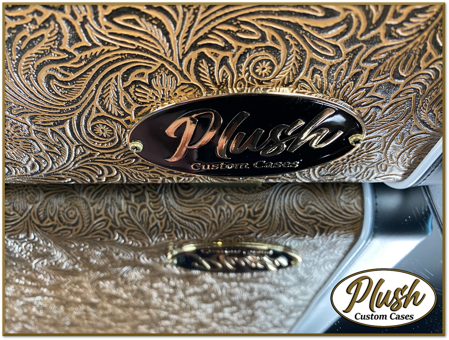 PlushMaster Jazz/Offset size Custom Guitar Case Tooled Leather Pattern 03 Black over Medium Brown with Cream Fur