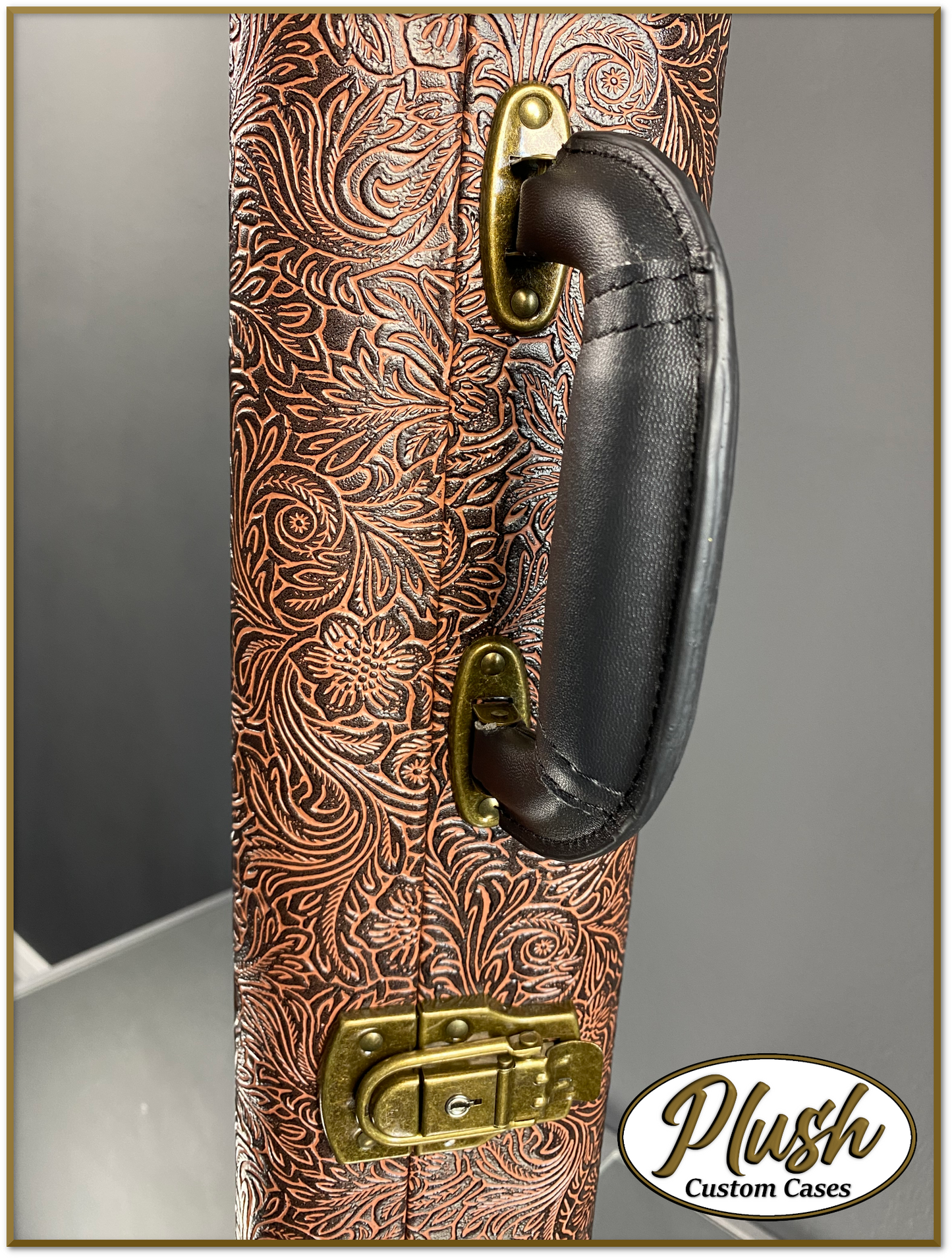 PlushCaster Tele®/Strat® Custom Guitar Case Tooled Leather Pattern 05 Black over Brown with Cream Fur