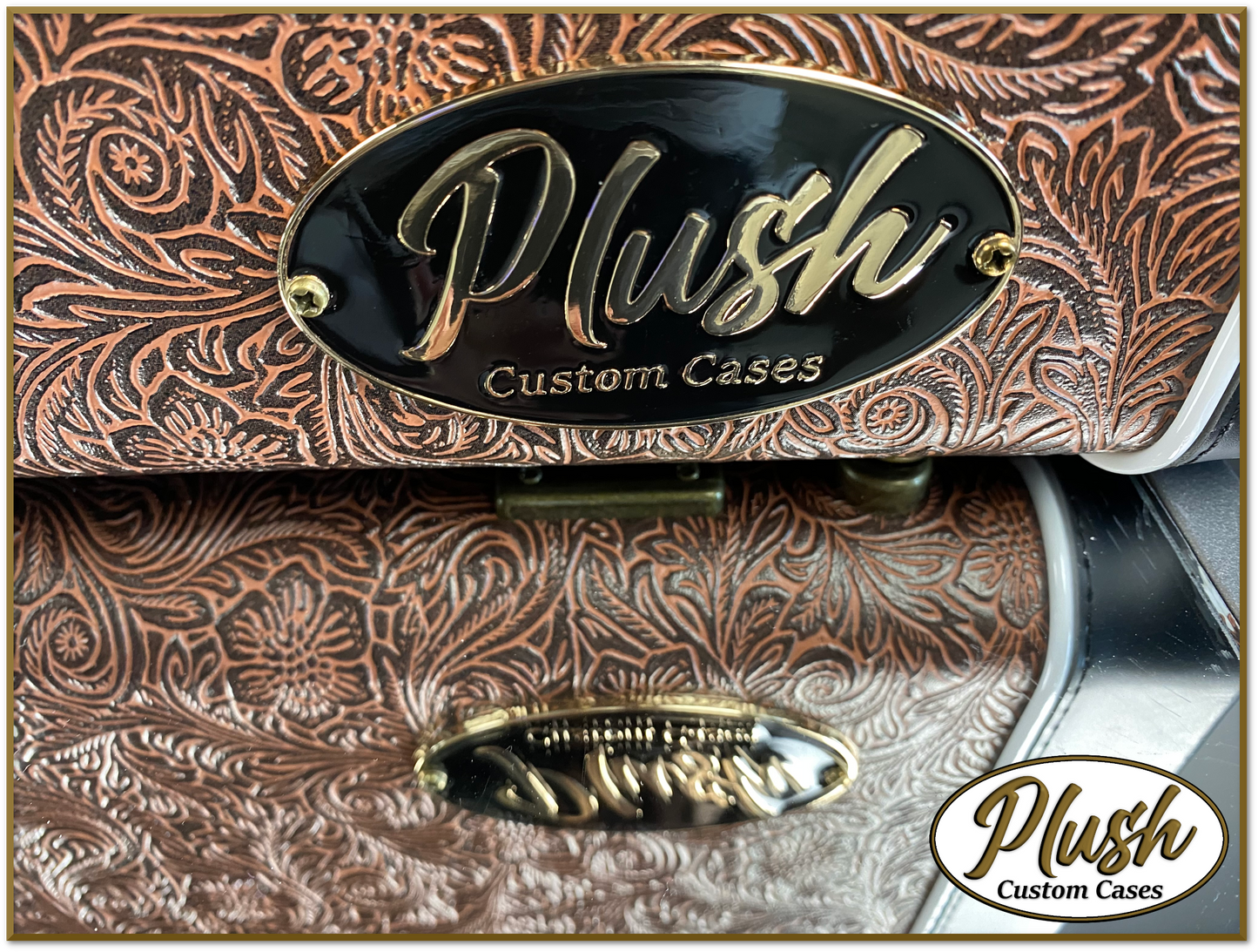 PlushMaster Jazz/Offset size Custom Guitar Case Tooled Leather Pattern 04 Black over Brown with Green Fur