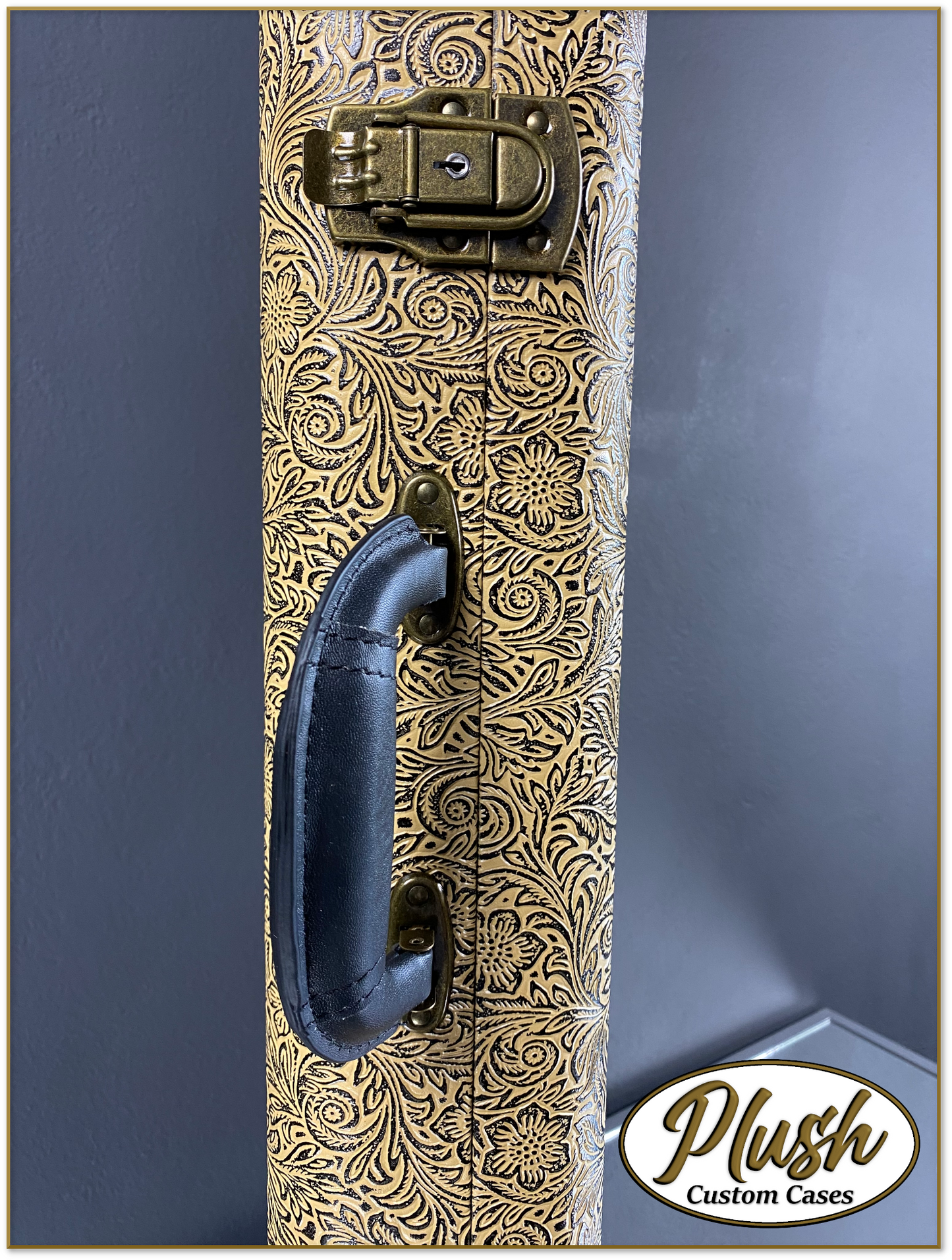 PlushMaster Jazz/Offset size Custom Guitar Case Tooled Leather Pattern 07 Black over Yellow with Cream Fur