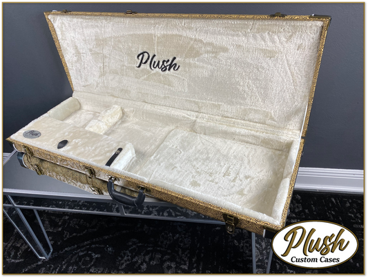 PlushMaster Jazz/Offset size Custom Guitar Case Tooled Leather Pattern 07 Black over Yellow with Cream Fur