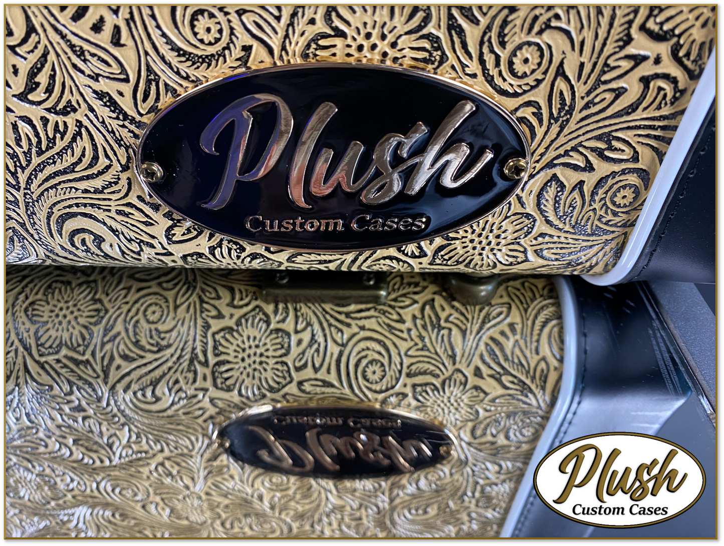 PlushCaster Tele®/Strat® Custom Guitar Case Tooled Leather Pattern 07 Black over Mustard with Green Fur