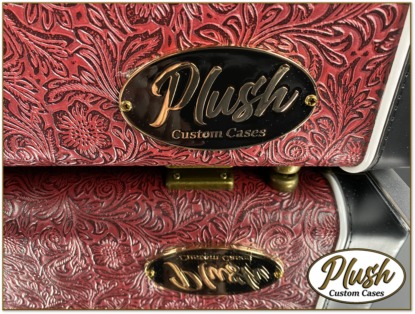 PlushCaster Tele®/Strat® Custom Guitar Case Tooled Leather Pattern 11 Black over Red with Cream Fur