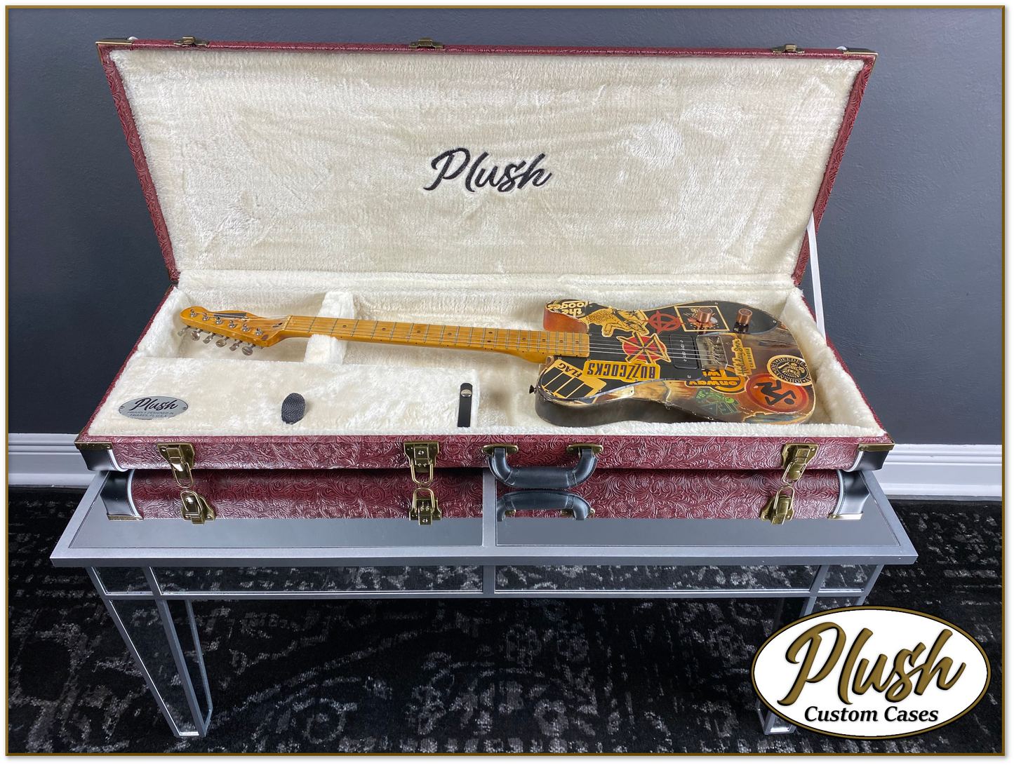 PlushCaster Tele®/Strat® Custom Guitar Case Tooled Leather Pattern 11 Black over Red with Cream Fur