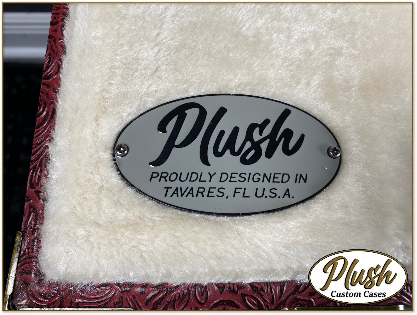 PlushCaster Tele®/Strat® Custom Guitar Case Tooled Leather Pattern 11 Black over Red with Cream Fur