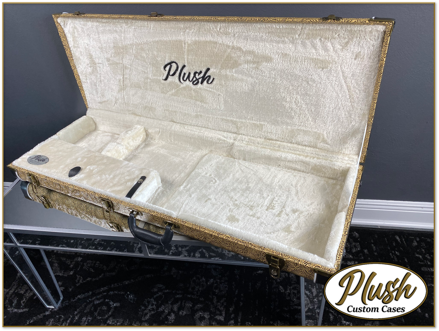 PlushCaster Tele®/Strat® Custom Guitar Case Tooled Leather Pattern 07 Black over Mustard with Cream Fur